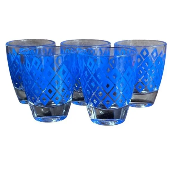 Mid-Century Made in France Blue Diamond Shot Glasses Set Of 5 Shot Glasses - Picture 4 of 6